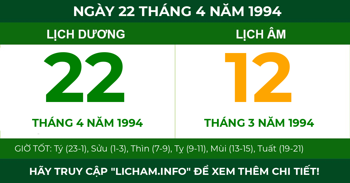 lịch âm ngày 22 tháng 4 năm 1994
