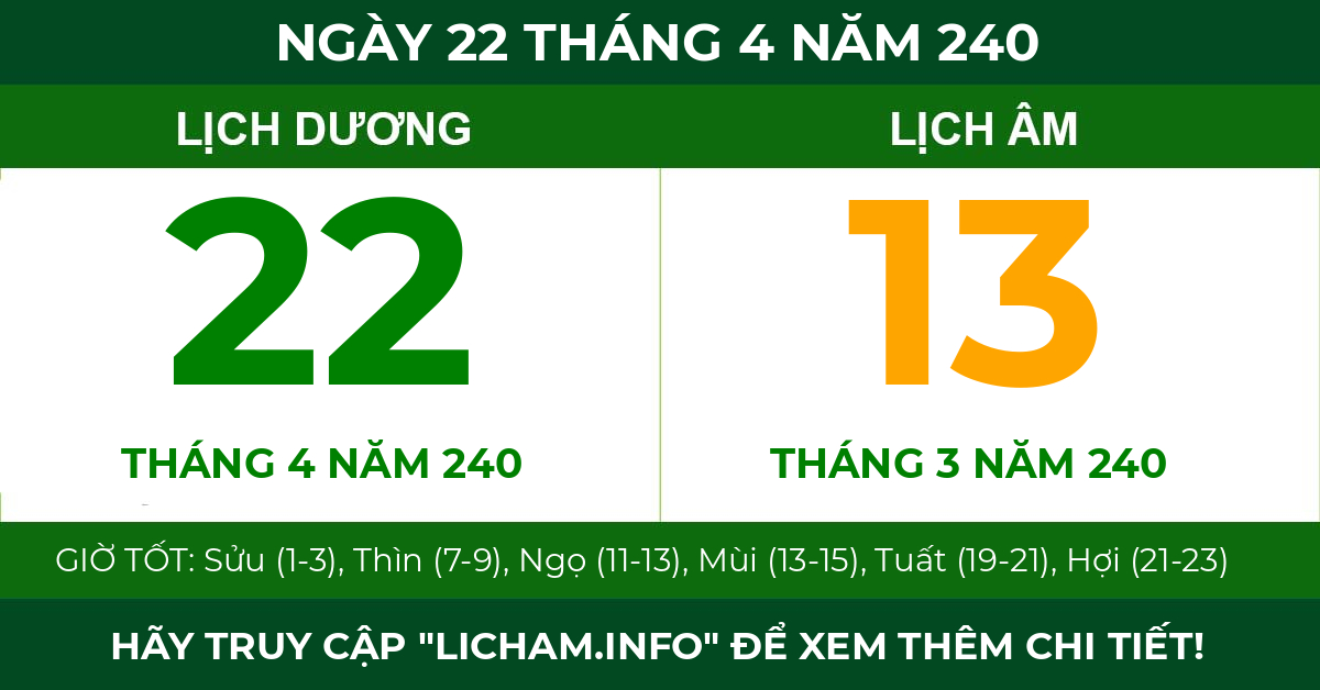 lịch âm ngày 22 tháng 4 năm 240