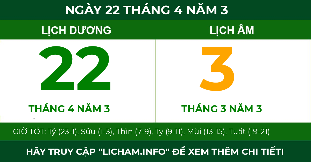 lịch âm ngày 22 tháng 4 năm 3