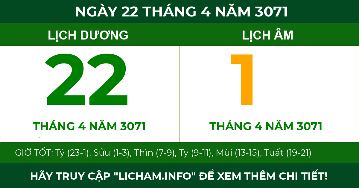 lịch âm ngày 22 tháng 4 năm 3071
