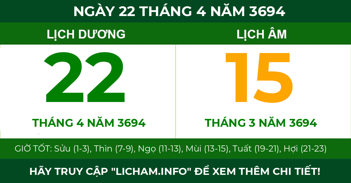 lịch âm ngày 22 tháng 4 năm 3694