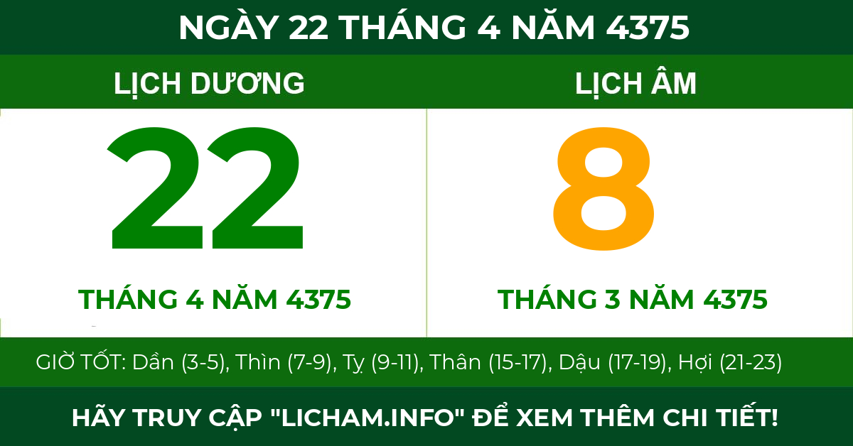 lịch âm ngày 22 tháng 4 năm 4375