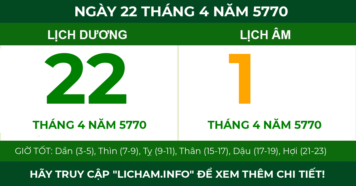 lịch âm ngày 22 tháng 4 năm 5770
