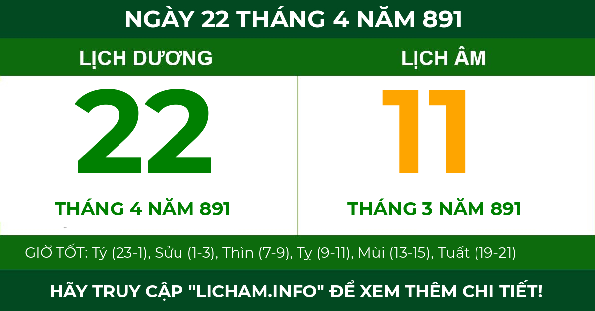 lịch âm ngày 22 tháng 4 năm 891