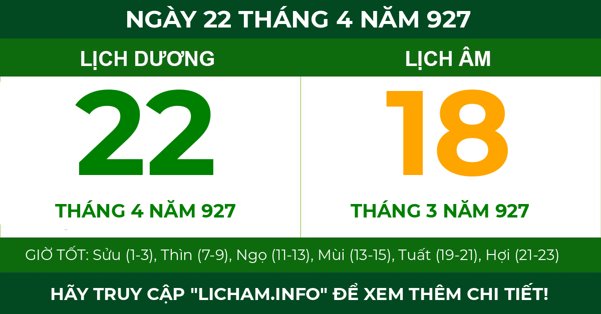 lịch âm ngày 22 tháng 4 năm 927