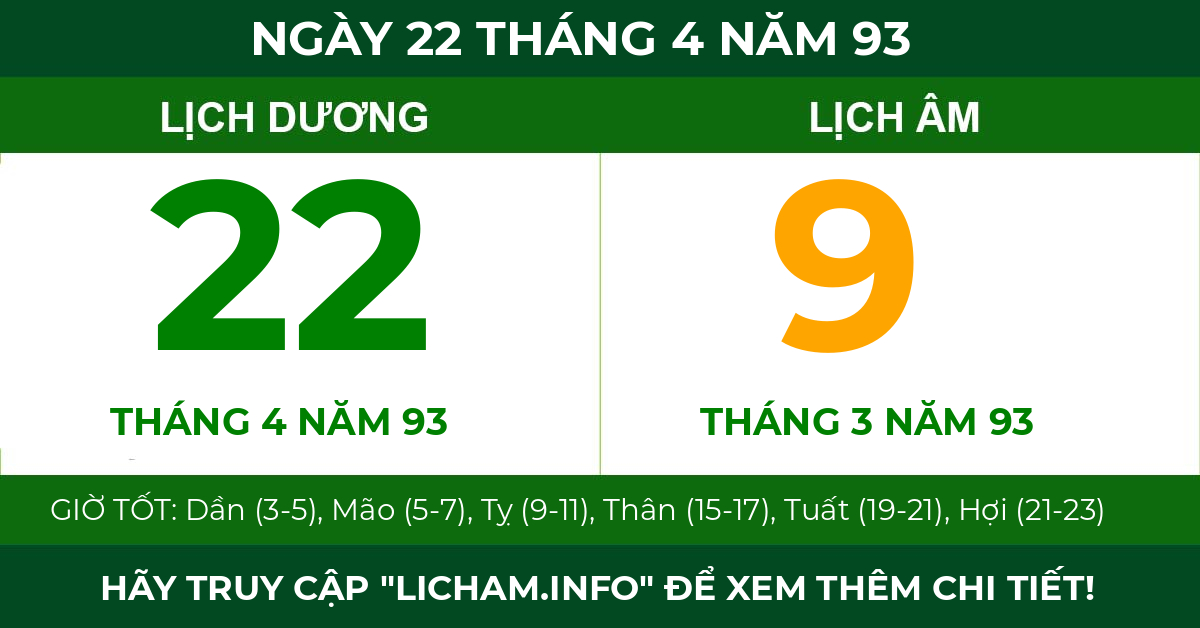 lịch âm ngày 22 tháng 4 năm 93