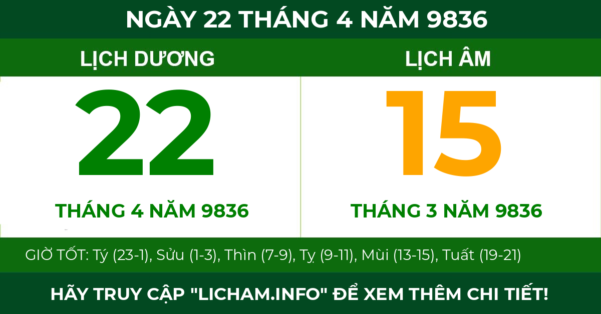 lịch âm ngày 22 tháng 4 năm 9836