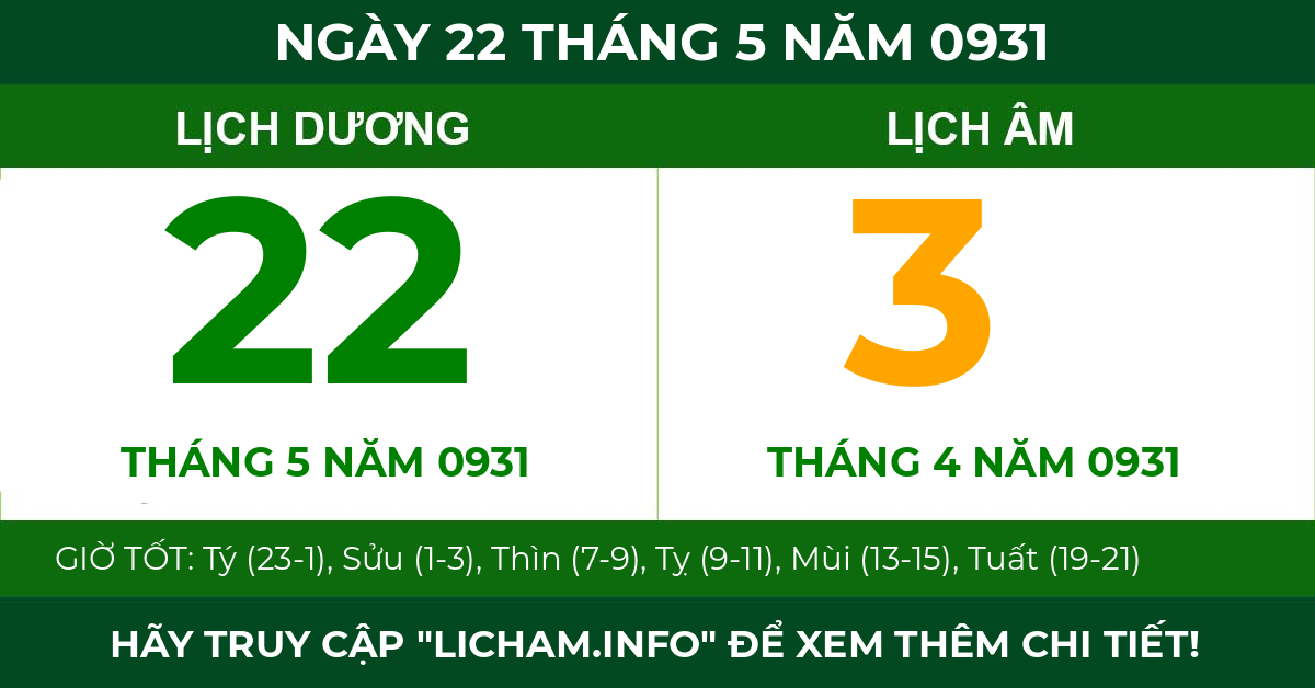 lịch âm ngày 22 tháng 5 năm 0931