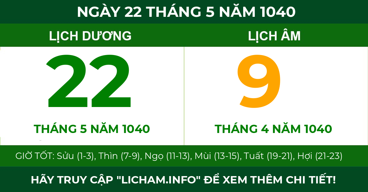 lịch âm ngày 22 tháng 5 năm 1040