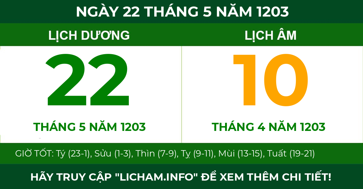 lịch âm ngày 22 tháng 5 năm 1203
