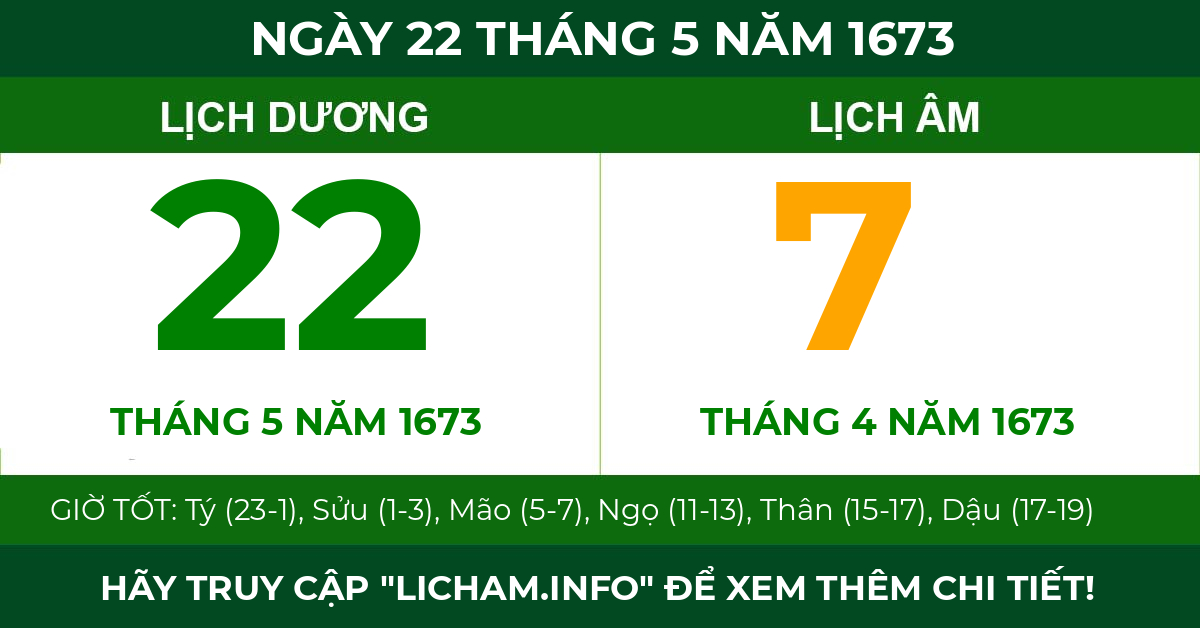 lịch âm ngày 22 tháng 5 năm 1673