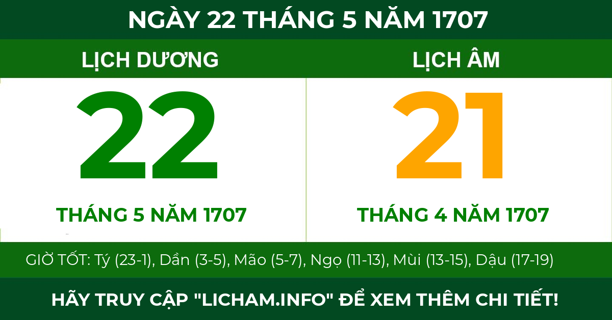 lịch âm ngày 22 tháng 5 năm 1707