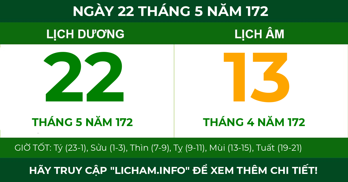 lịch âm ngày 22 tháng 5 năm 172