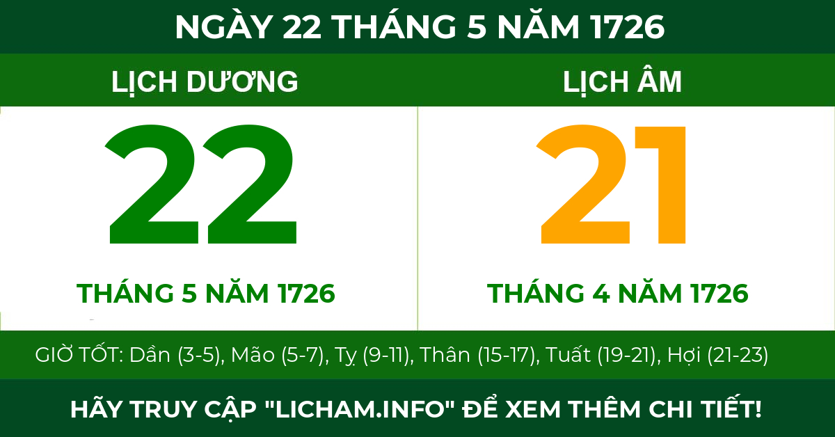 lịch âm ngày 22 tháng 5 năm 1726