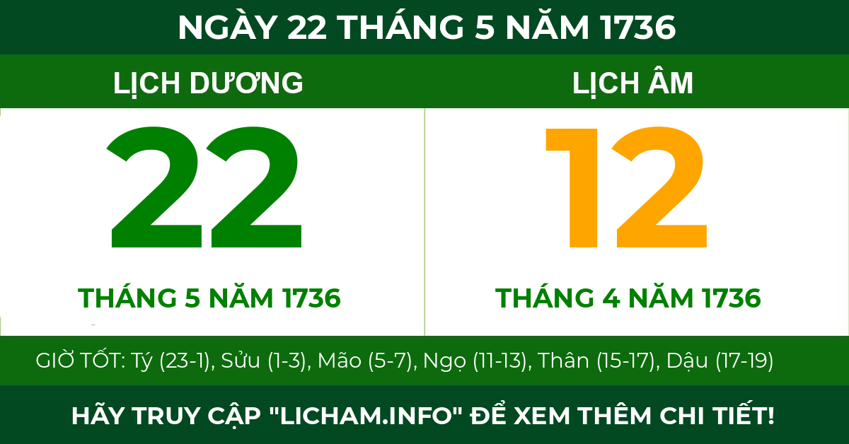 lịch âm ngày 22 tháng 5 năm 1736