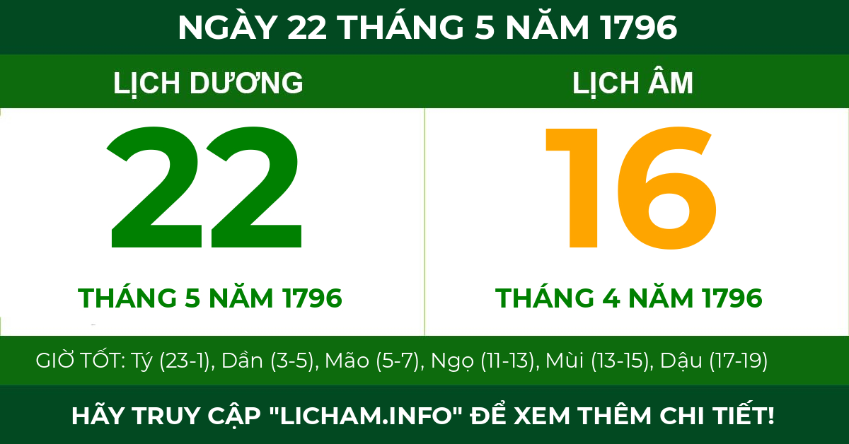 lịch âm ngày 22 tháng 5 năm 1796