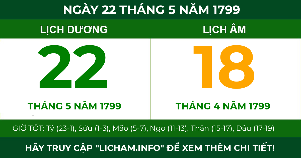 lịch âm ngày 22 tháng 5 năm 1799