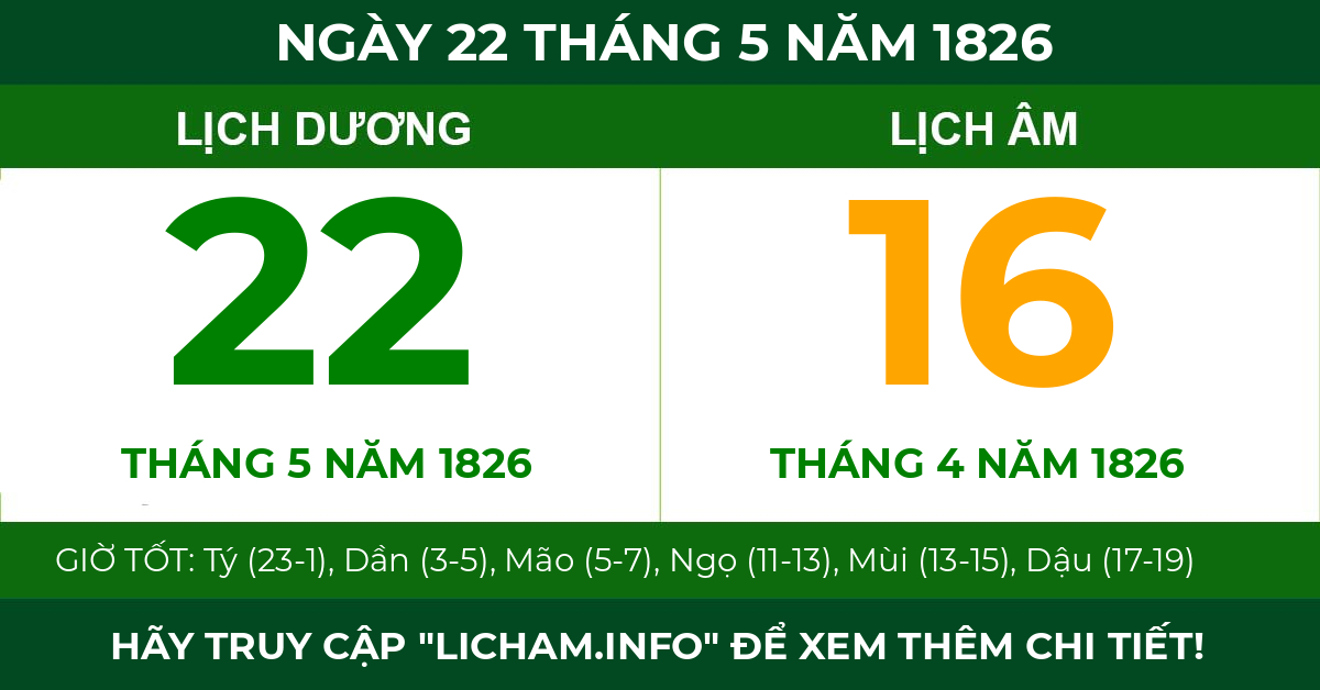 lịch âm ngày 22 tháng 5 năm 1826