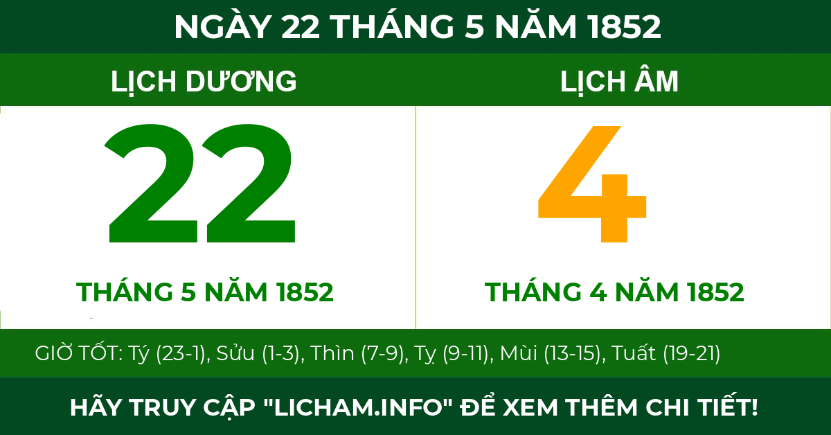 lịch âm ngày 22 tháng 5 năm 1852