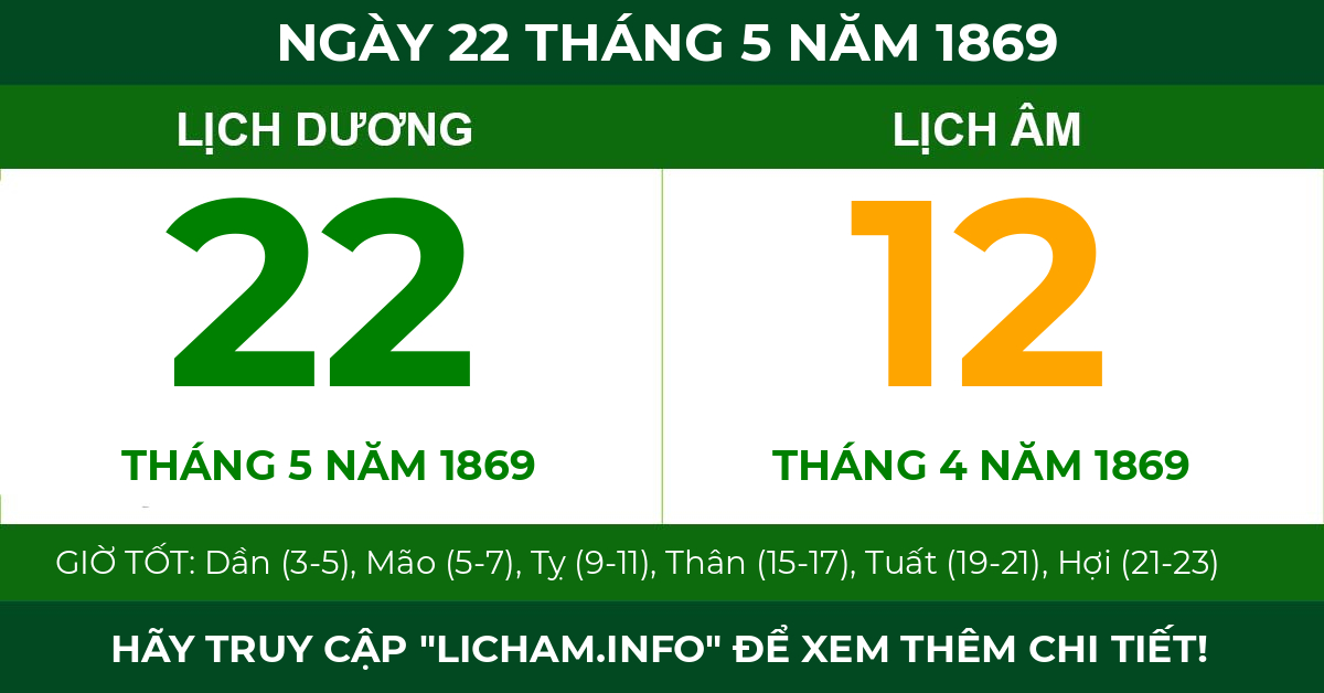 lịch âm ngày 22 tháng 5 năm 1869