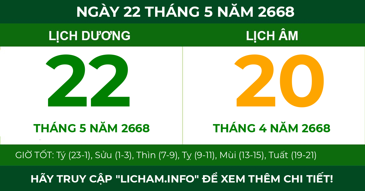 lịch âm ngày 22 tháng 5 năm 2668