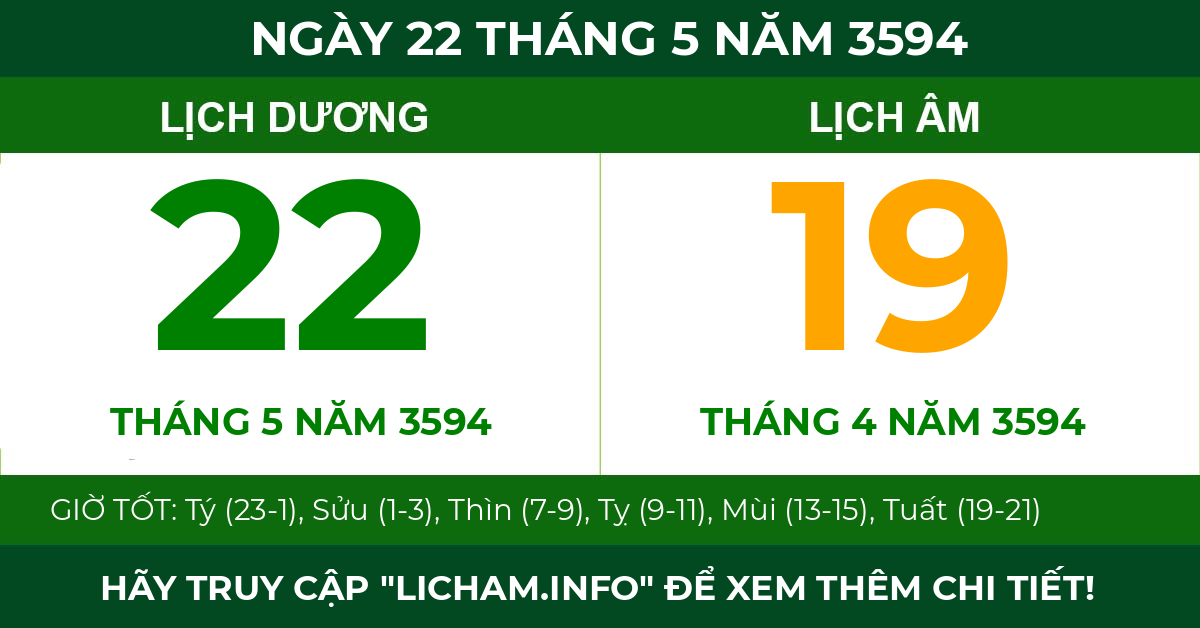 lịch âm ngày 22 tháng 5 năm 3594