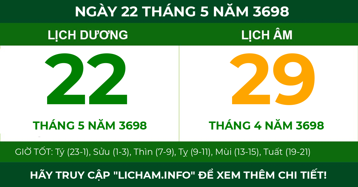 lịch âm ngày 22 tháng 5 năm 3698