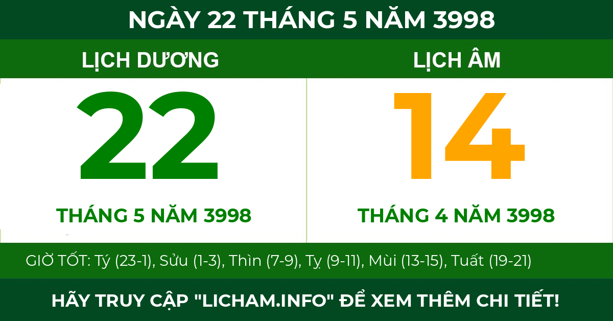 lịch âm ngày 22 tháng 5 năm 3998