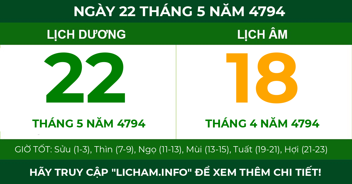 lịch âm ngày 22 tháng 5 năm 4794
