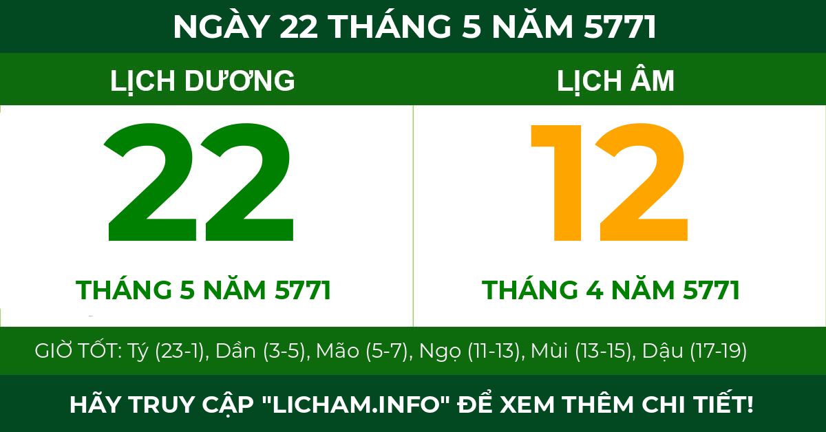 lịch âm ngày 22 tháng 5 năm 5771