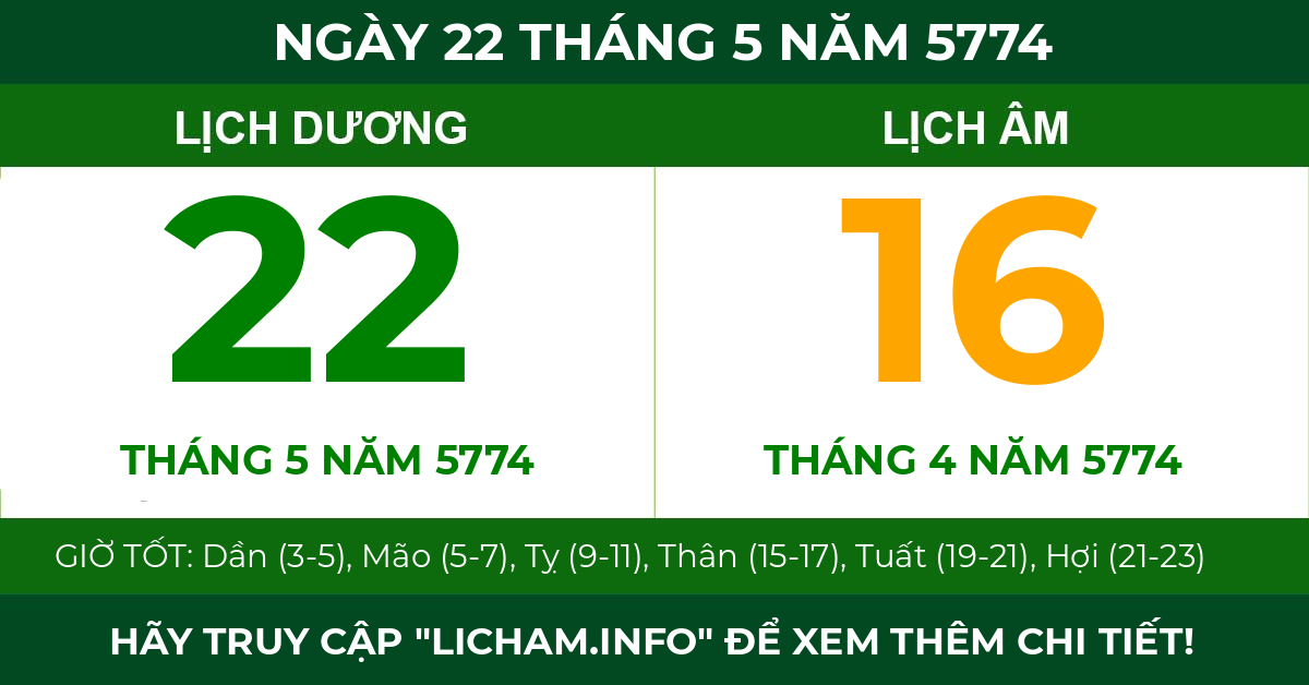 lịch âm ngày 22 tháng 5 năm 5774
