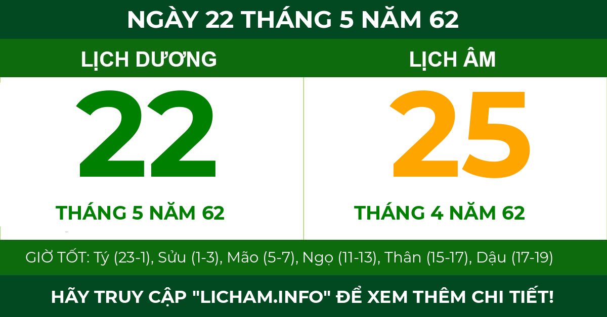 lịch âm ngày 22 tháng 5 năm 62
