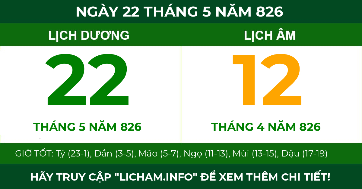 lịch âm ngày 22 tháng 5 năm 826