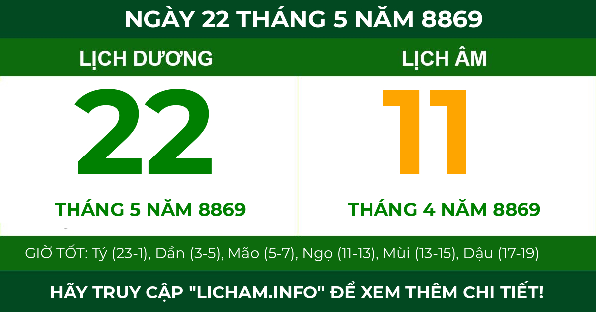 lịch âm ngày 22 tháng 5 năm 8869