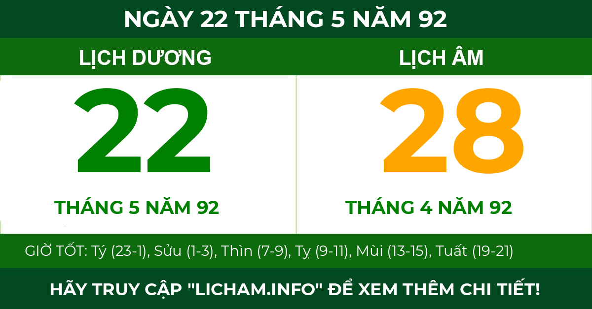 lịch âm ngày 22 tháng 5 năm 92