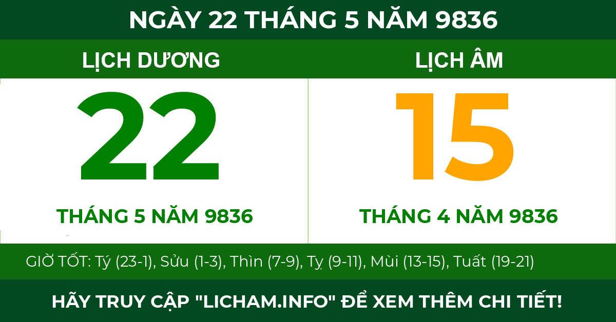 lịch âm ngày 22 tháng 5 năm 9836