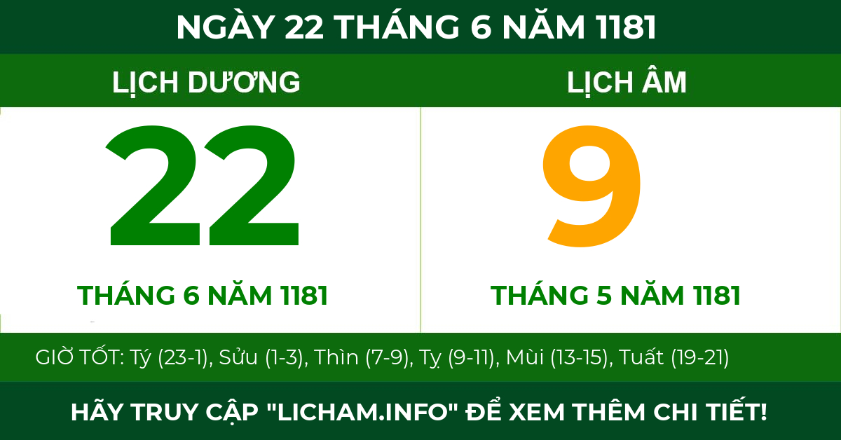 lịch âm ngày 22 tháng 6 năm 1181