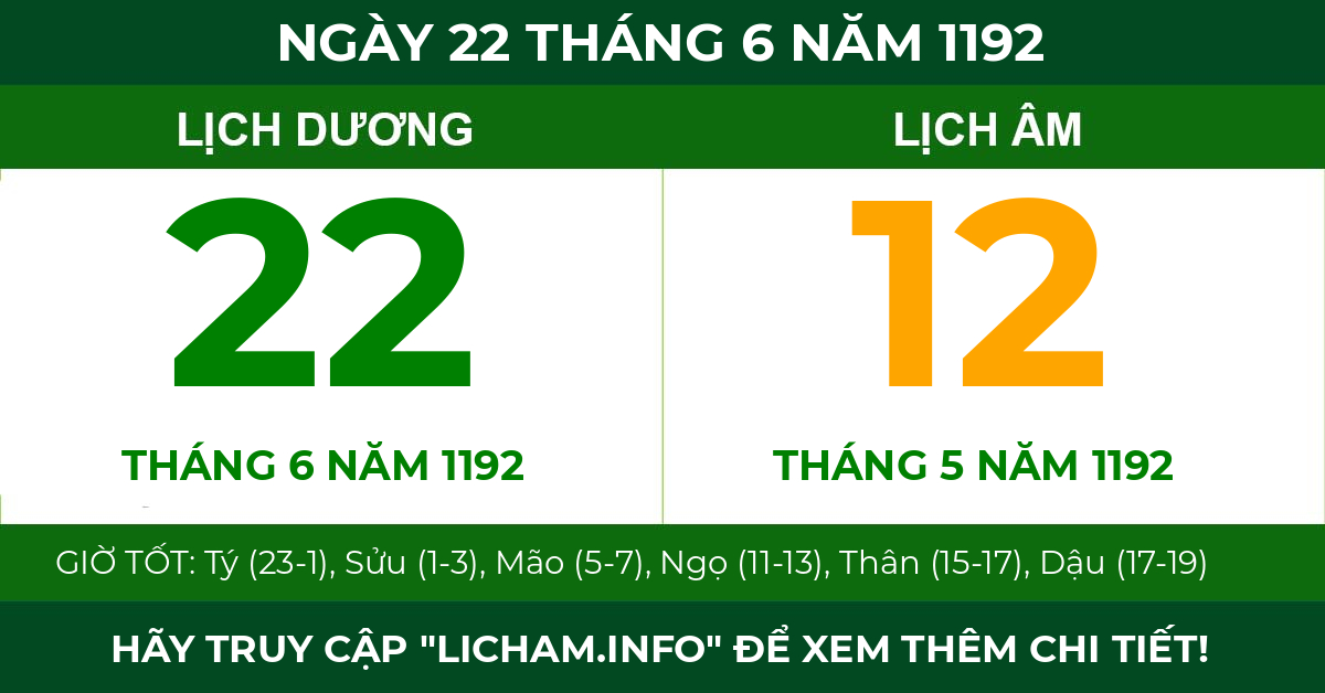 lịch âm ngày 22 tháng 6 năm 1192