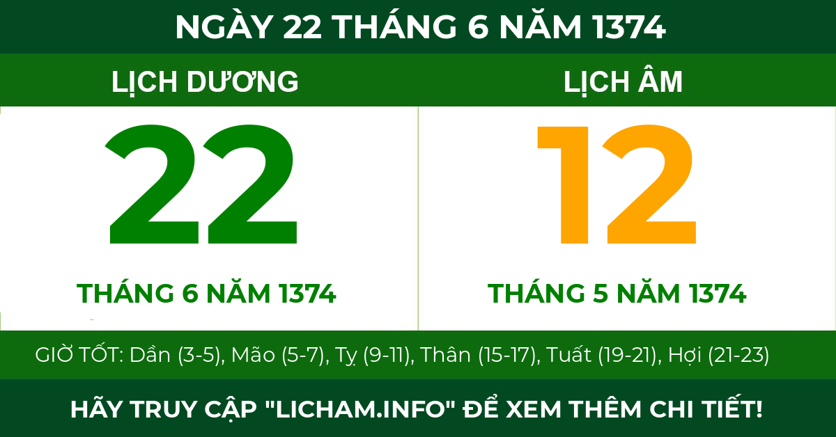lịch âm ngày 22 tháng 6 năm 1374