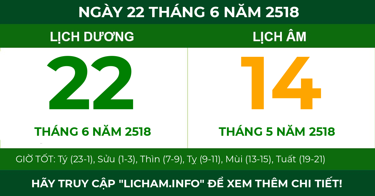 lịch âm ngày 22 tháng 6 năm 2518