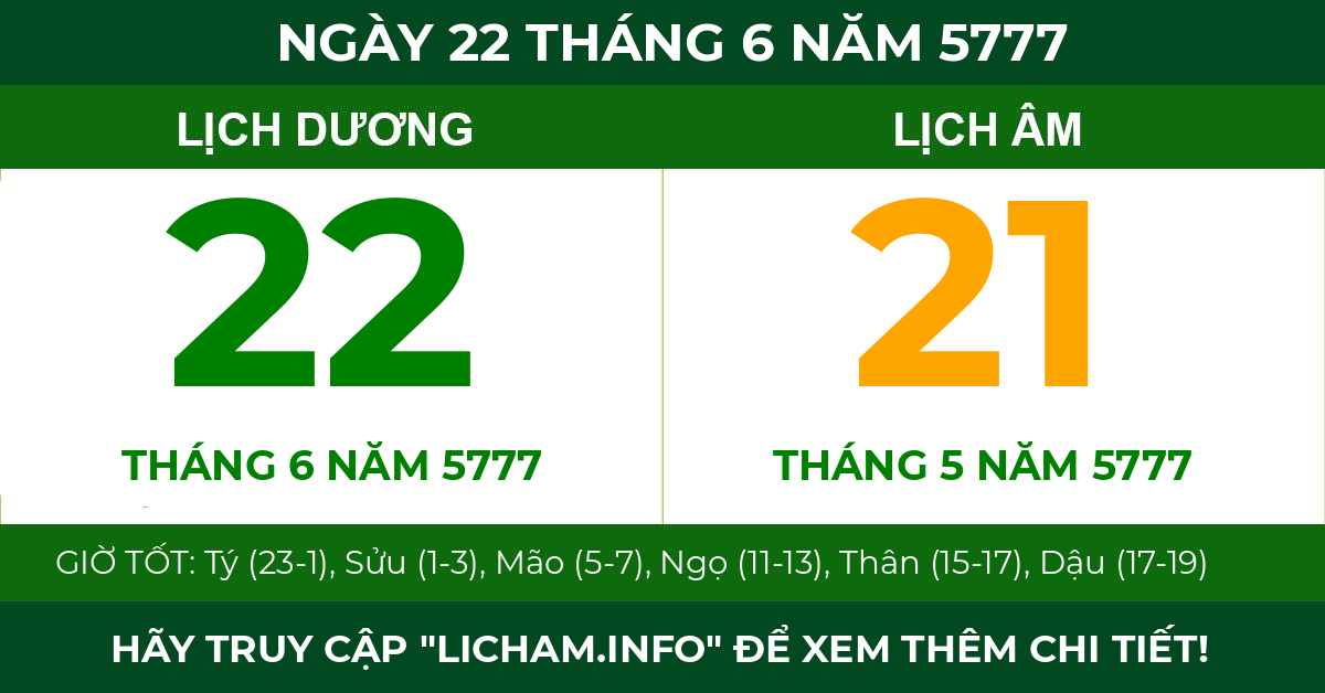 lịch âm ngày 22 tháng 6 năm 5777