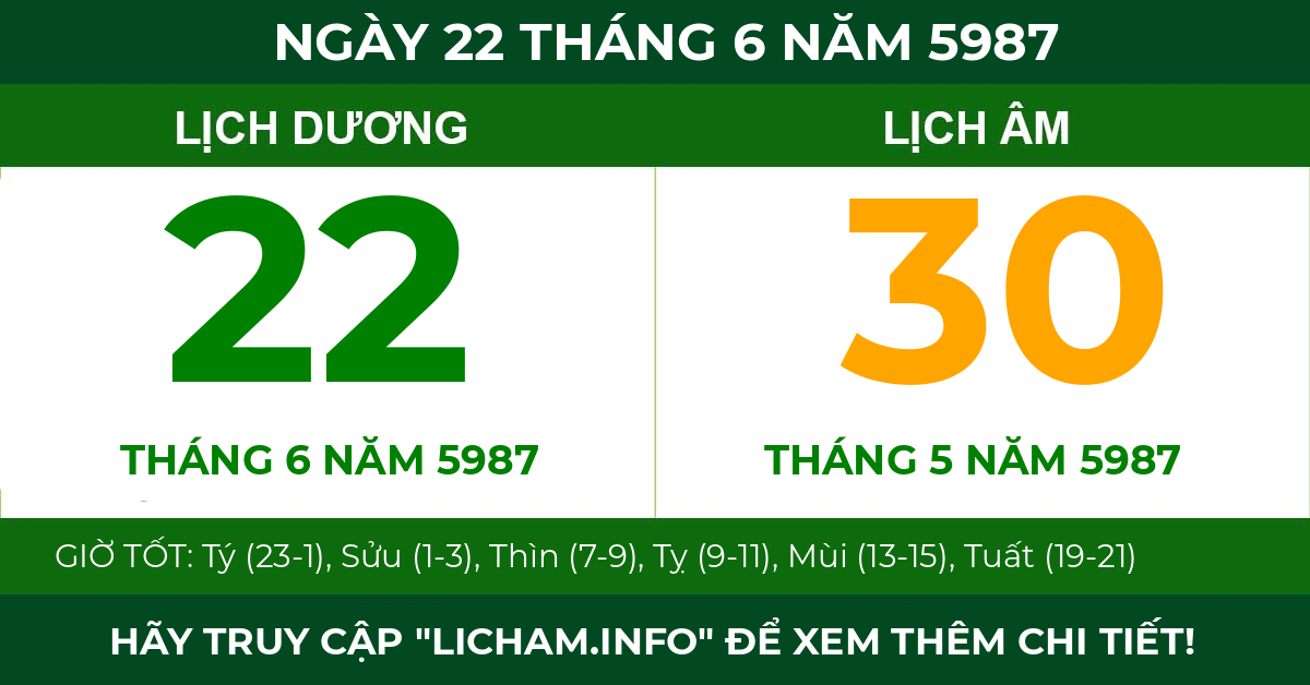 lịch âm ngày 22 tháng 6 năm 5987