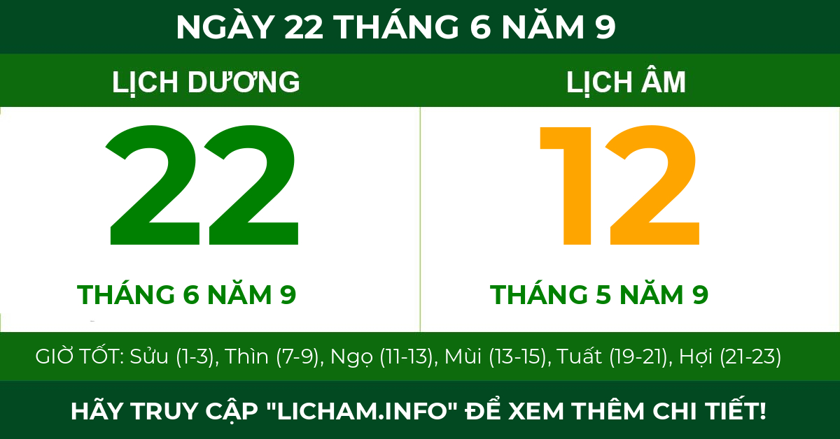 lịch âm ngày 22 tháng 6 năm 9
