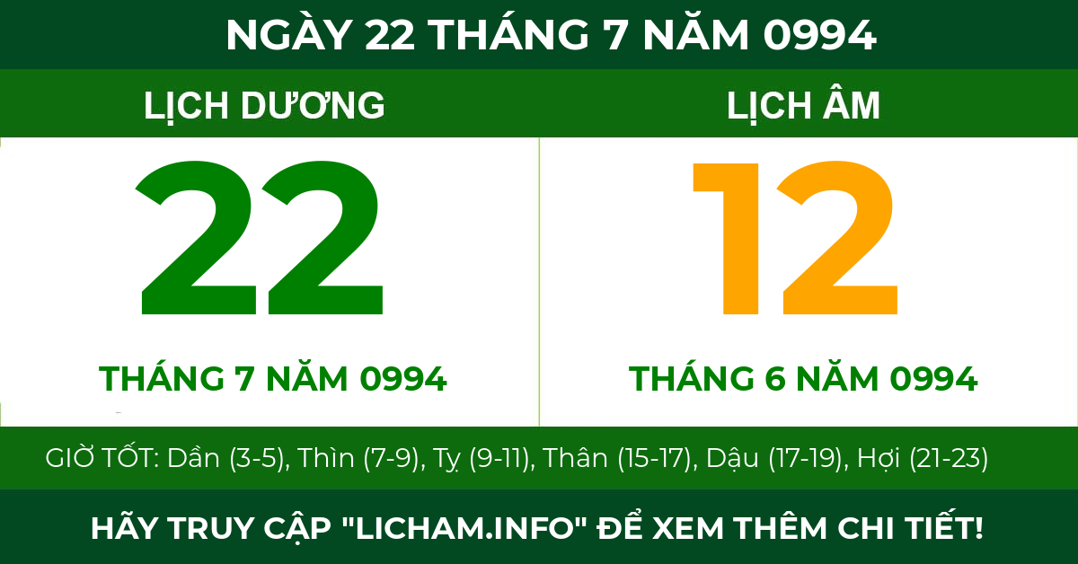 lịch âm ngày 22 tháng 7 năm 0994