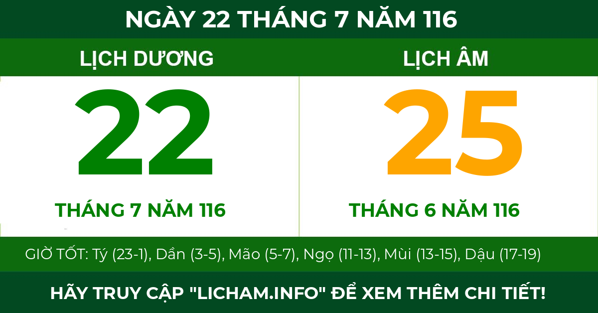 lịch âm ngày 22 tháng 7 năm 116