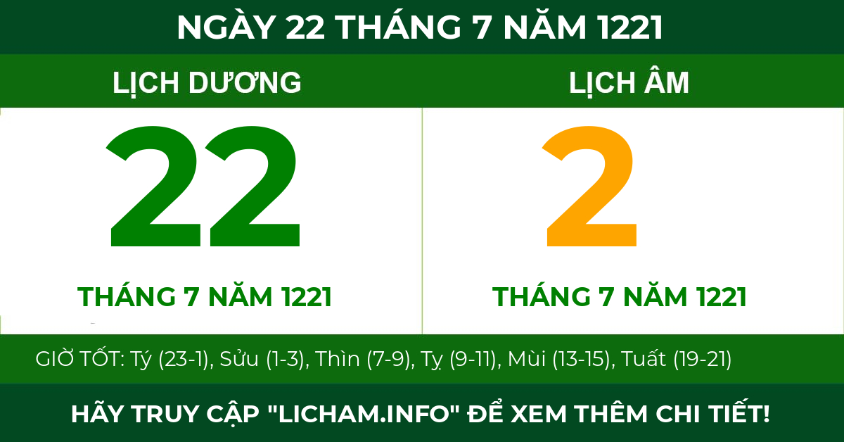 lịch âm ngày 22 tháng 7 năm 1221