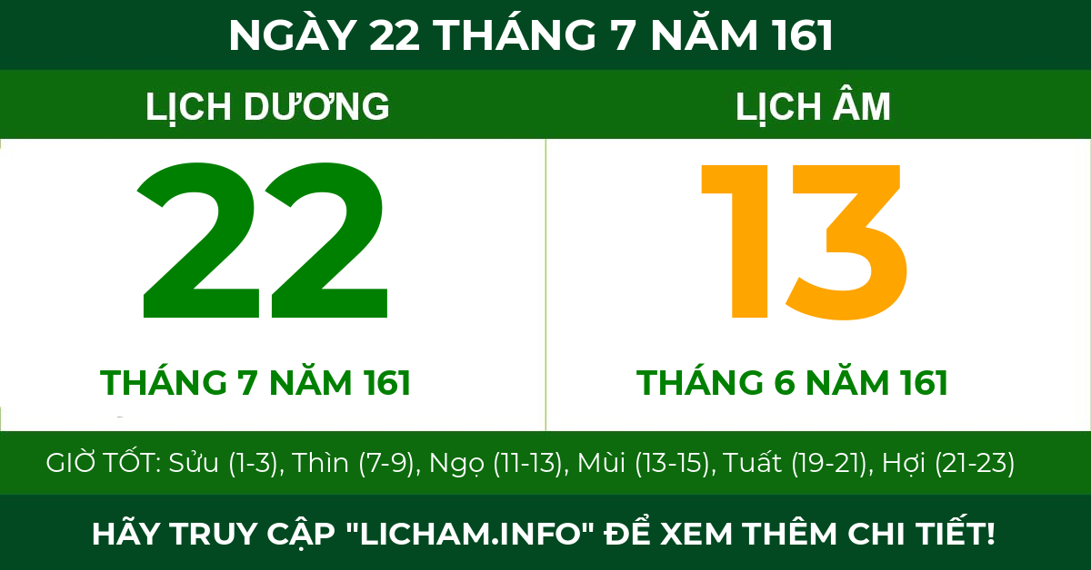 lịch âm ngày 22 tháng 7 năm 161