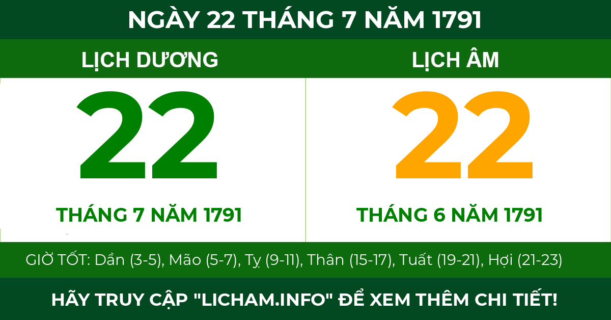 lịch âm ngày 22 tháng 7 năm 1791
