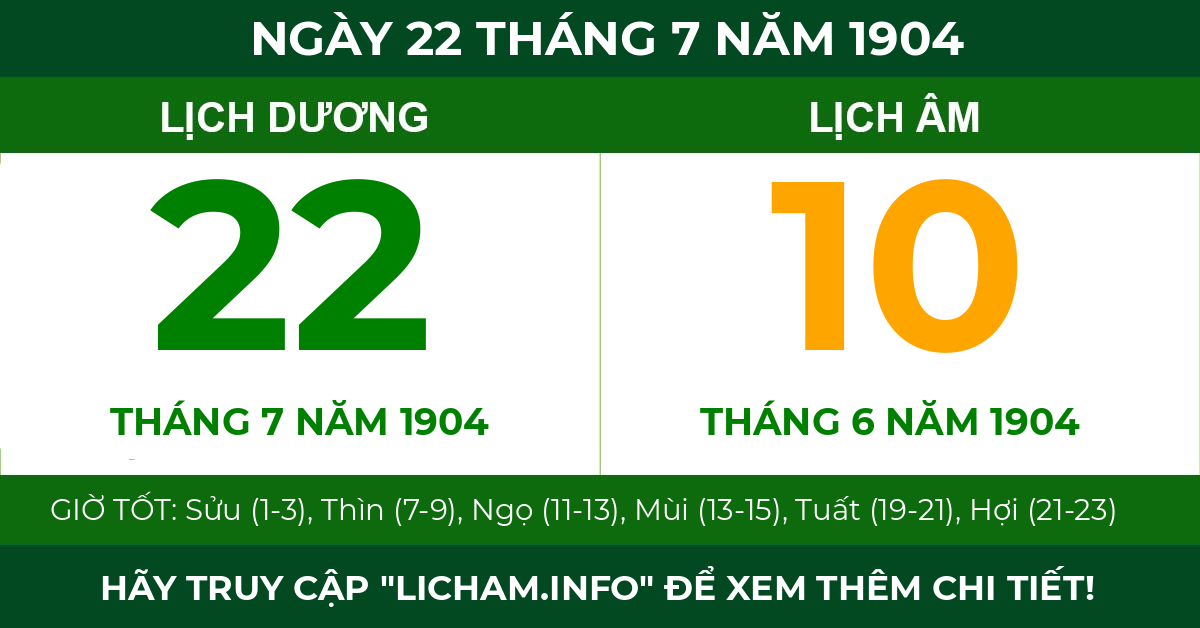 lịch âm ngày 22 tháng 7 năm 1904