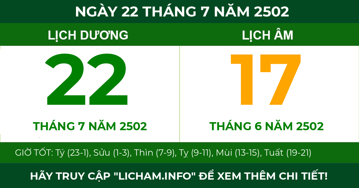 lịch âm ngày 22 tháng 7 năm 2502